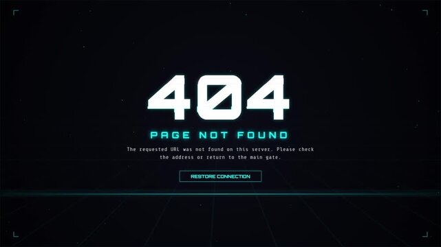 Error 404 page not found with neon blue lights on black background