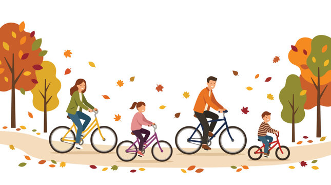 Family Cycling Together Through Autumn Park Scenic View