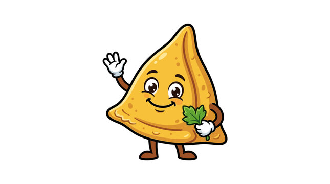 Cute cartoon samosa character waving hello with a leaf.