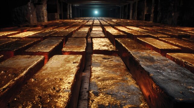 Endless rows of textured gold bars glowing in a dark underground vault