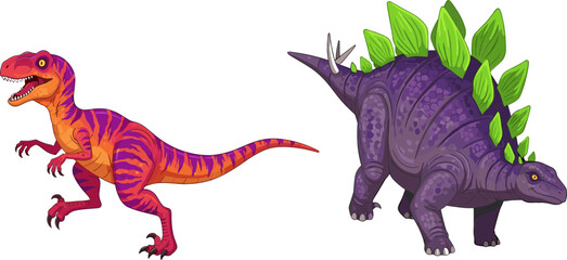 Prehistoric Dinosaur Vector Set Featuring a Fierce Striped Orange Velociraptor Predator and a Purple Stegosaurus Herbivore with Green Back Plates © MdMohsin
