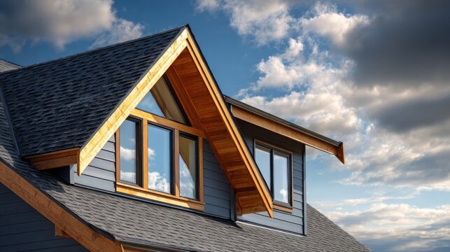 Exterior view of modern house roof featuring natural wood trim and large dormer windows against a dramatic cloudy sky