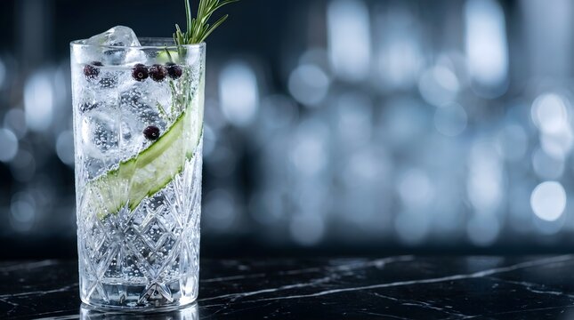 Elegant gin and tonic cocktail with ice and rosemary copy space