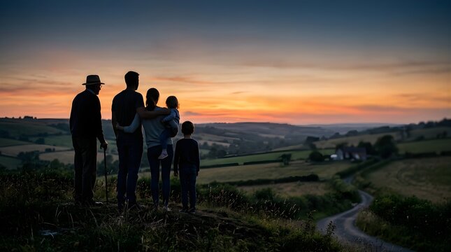 Multi-generational family watching a rural sunset over farm landscape