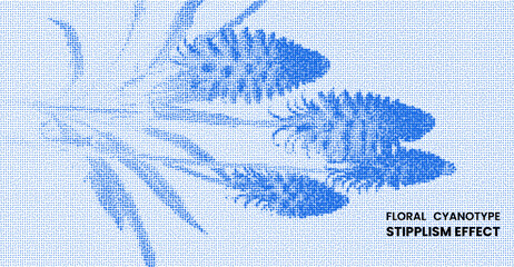 Obraz premium Floral cyanotype stipplism effect with blue dotted botanical illustration of grass and flowers on a white background