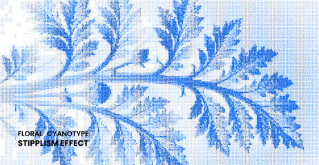 Floral cyanotype stipplism effect illustration featuring a detailed botanical fern leaf pattern in blue dots on a clean white background © MDMahmudul