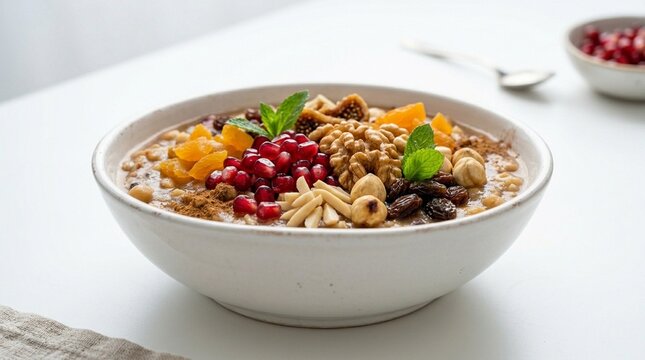 Aşure &ndash; Turkish Noah's Pudding with Dried Fruit Nuts and Pomegranate in White Bowl