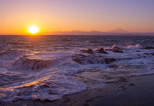 Beautiful sunset at Chigo-ga-fuchi in Autumn. Enoshima, Fujisawa, Kanagawa Prefecture, Japan