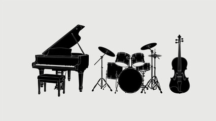 The musical instruments include a grand piano, drums, and stringed instruments on display © Grogolan