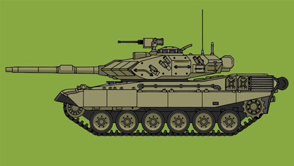 Military tank with turret and cannon rolls across a green landscape slowly © Grogolan