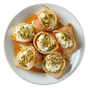 Egyptian atayef pancakes folded with cream and nut filling isolated on a white background