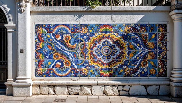 Colorful mosaic LGBTQ pride flag design on outdoor architectural wall with decorative patterns and floral motifs