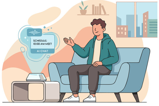 Flat Vector Character Sitting on Sofa Using Laptop