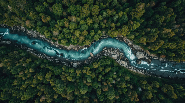 Aerial view of winding turquoise river cutting through dense evergreen forest, serene wilderness