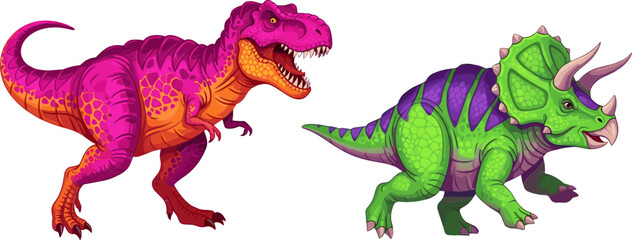 Roaring Pink Tyrannosaurus Rex and Green Triceratops Dinosaur Character Set Vector Illustration for Prehistoric Wild Animal Children Cartoon Designs © MdMohsin