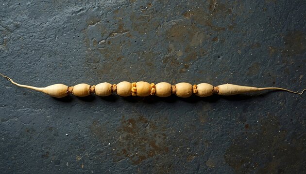 Heritage Condiment Advertisement of Elongated Mooli Pods on Dark Sandstone Block