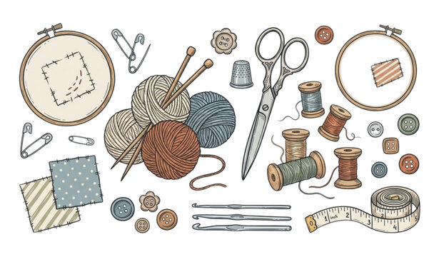 Sewing and knitting supplies doodle collection vector illustration isolated on white background