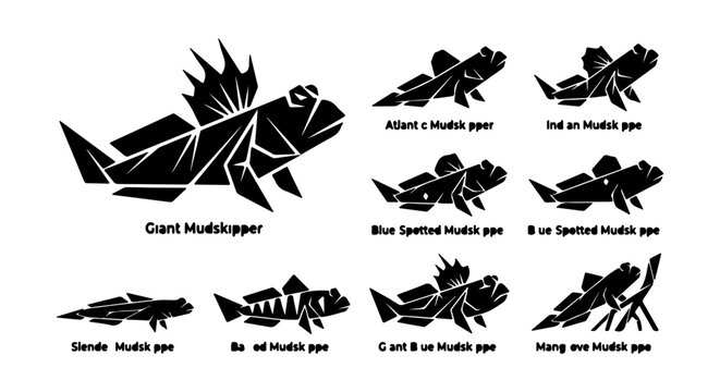 Mudskipper icon set, silhouette, white background
