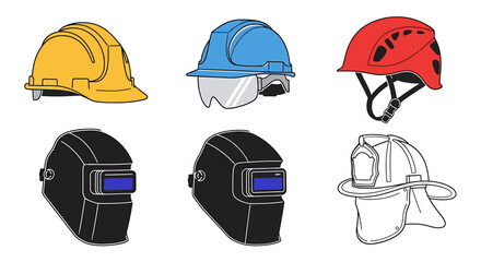Fototapeta premium Collection of protective headgear and face shields for various professions and industries including construction, welding, and firefighting