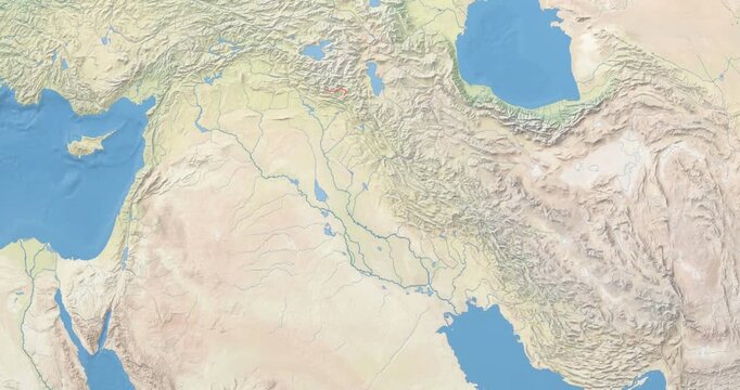 Iraq on Globe. Zoom into the country with Earth spinning on dark background. Physical world map with Iraq and label on it. Country view animation.