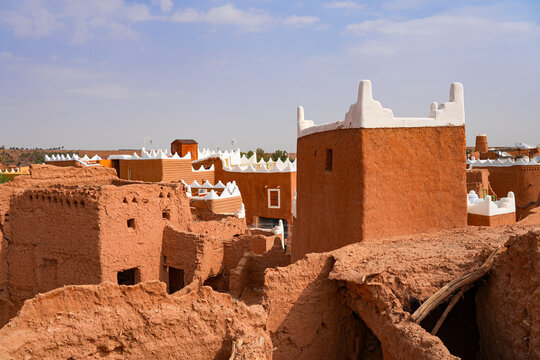 Rooftops of traditional mud brick buildings in the heritage village of Ushaiqer, Saudi Arabia