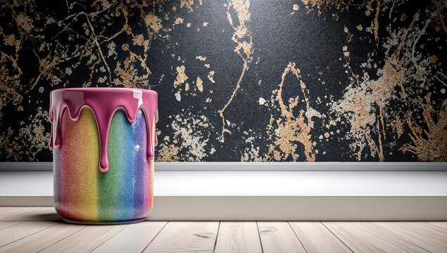 Colorful rainbow ceramic cup on wooden surface with abstract marble background celebrating diversity