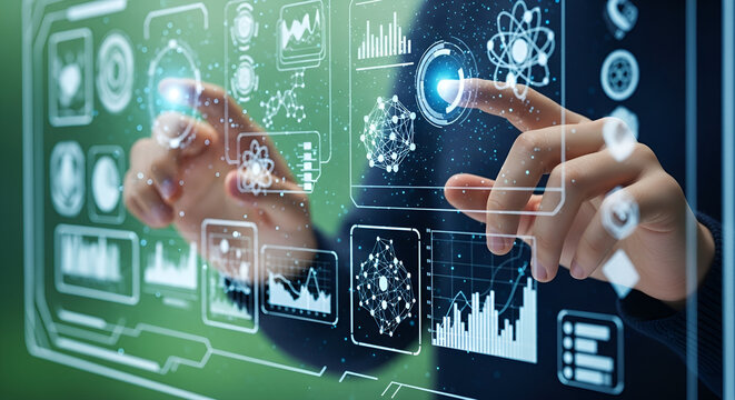 Human hand interacting with futuristic virtual screen displaying data analysis charts and scientific molecular structures technology concept
