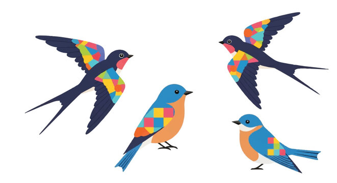 Colorful birds fly and perch together outdoors in nature freely.