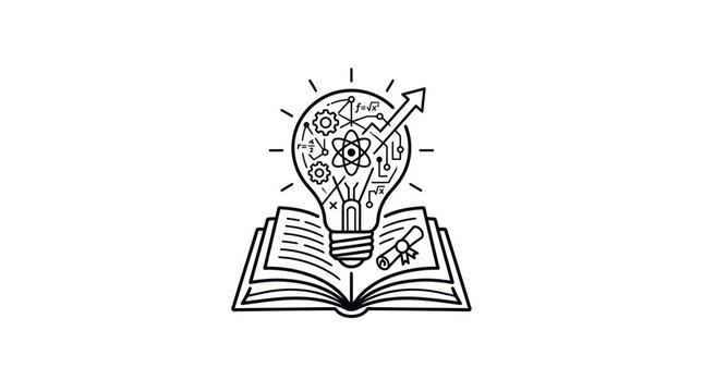 Lightbulb Idea On Open Book With Science Symbols, Education And Innovation Concept