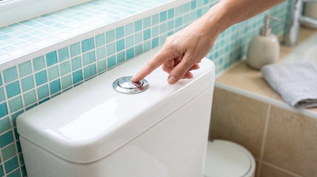 Close-up of finger pressing chrome flush button on white toilet cistern with aqua tiles, symbolizing water saving, hygiene, sanitation, and home plumbing.