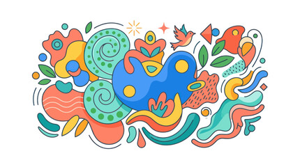 Fototapeta premium Abstract Organic Shapes and Doodle Elements, Vibrant Colors, Playful Design