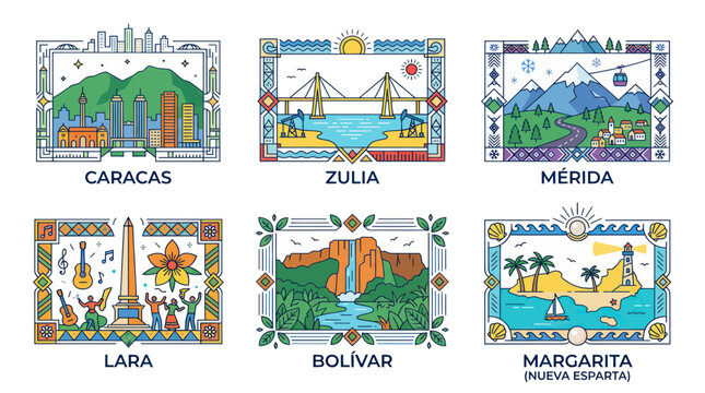 Venezuela Travel Icons: Caracas, Zulia, Merida, Lara, Bolivar, Margarita