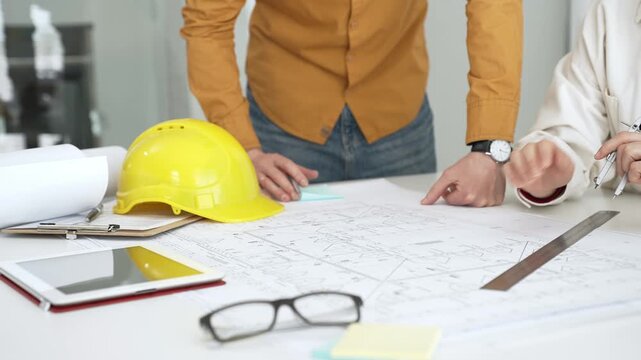 Construction professionals analyzing architectural plans and schematics, developing a building project onsite, ensuring efficiency and precision in design and engineering