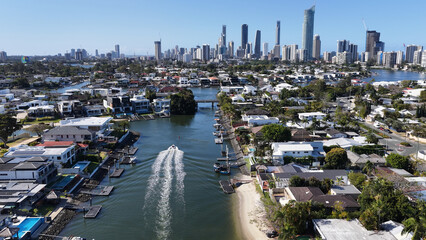 Aerial View of Gold Coast Canal Houses and City Skyline