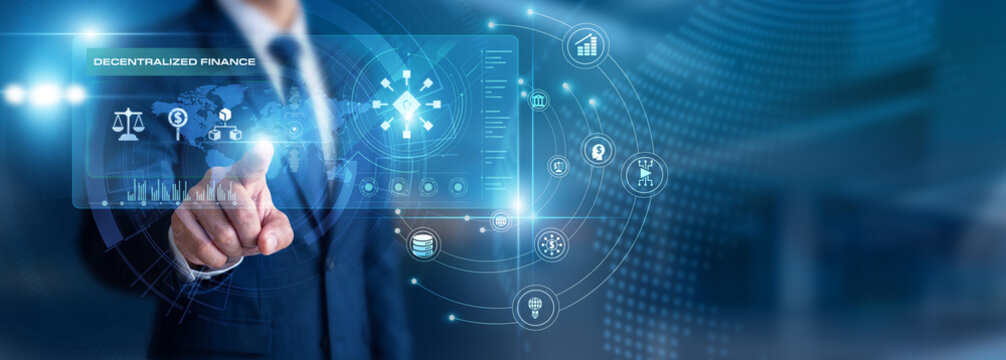Trader hand touch virtual screen Decentralized Finance. Crypto world. Decentralized finance removes middlemen using secure blockchain technology. Open banking for everyone across the globe.