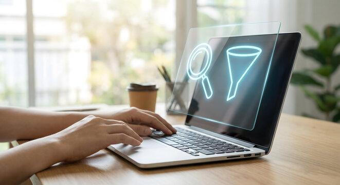 Hands typing on a laptop showing digital search and filter icons on a transparent screen in a bright modern workspace with coffee cup and plants nearby for technology and business concepts