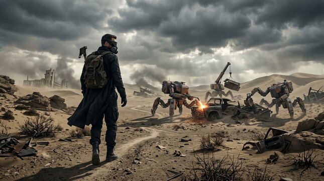A lone survivor in a gas mask and trench coat walking through a desolate desert wasteland filled with active scrapper robots and ruined vehicles.
