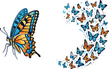 Large, detailed, blue, and, orange, butterfly, beside, a, flying, swarm, of, small, colorful, butterflies, vector, illustration, isolated, white, background, design. © Mdjoshel 