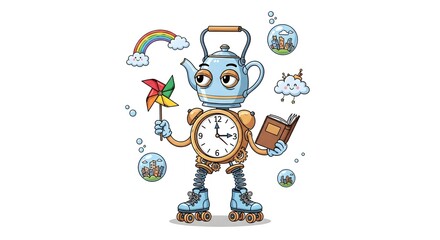 Fototapeta premium Whimsical Teapot Clock Character Illustration on White Background