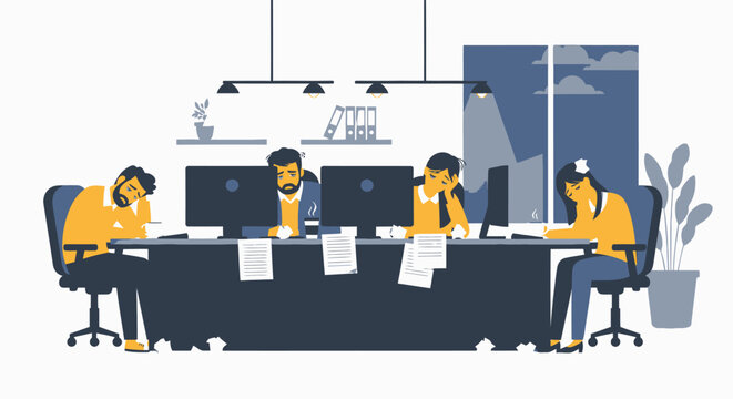 Exhausted office workers suffering from burnout and stress, slumped at their desks in a modern corporate environment, depicting overwork and fatigue.