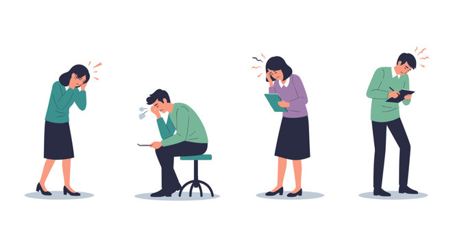 Illustration of diverse people experiencing stress, anxiety, and mental overload, depicting various symptoms like headaches and burnout from work pressure or personal problems.