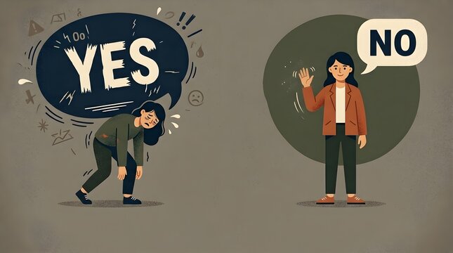 Digital illustration of a side-by-side comparison between an overwhelmed person crushed by a heavy burden of tasks due to toxic people-pleasing habits, contrasting with a confident man.
