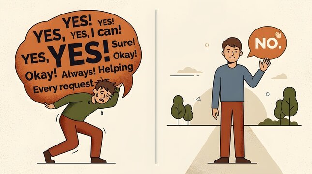 Conceptual vector illustration comparing a stressed person crushed under a heavy burden of saying yes to everything, versus a confident man happily setting healthy boundaries by saying no.
