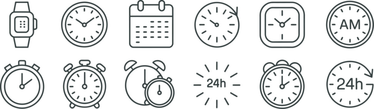 Clock, icon collection including analog clock faces, timer symbols, countdown indicators, circular arrow signs, and time tracking elements in minimalist vector illustration 