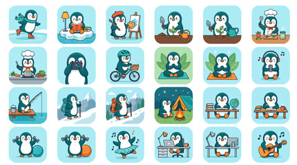Obraz premium Ultra-premium flat vector illustration featuring a cute penguin character set performing diverse daily activities and hobbies