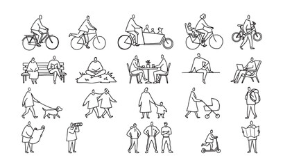 Obraz premium People Outdoor Activities Outline Vector Mega Set Cycling Family Leisure Collection