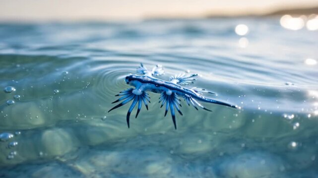Blue Dragon Sea Slug floating at the beach at morning sunrise