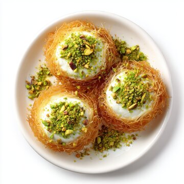 Egyptian konafa nests filled with cream and topped with crush isolated on a white background