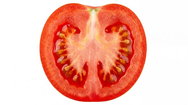 Fresh ripe tomato cut in half showing juicy seeds and bright red texture on white background