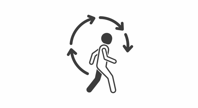 Stick figure walking within a circular arrow icon